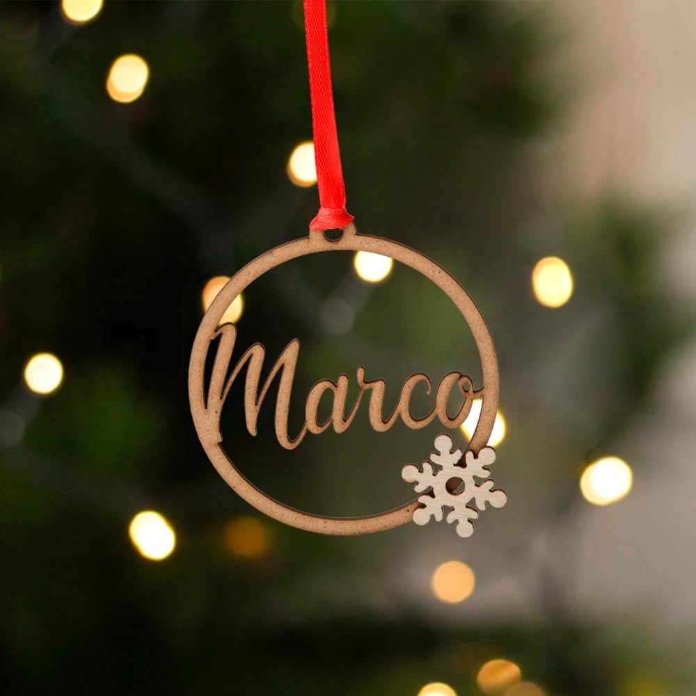 Bolas de Navidad Personalizadas - Nombre Con Mini Figura Santa Claus, Muñeco de Nieve o Copos de Nieve - Decoracion Navidad - Bolas Arbol de Navidad - Madera Natural - Adornos Navidad Personalizables