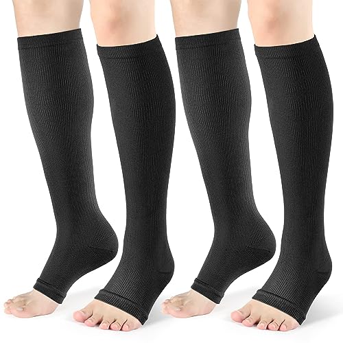 Image of Toeless Compression Socks 15-20 mmHg, 2 Pairs open toe Knee High Support | reduce leg fatigue, and keep feet comfortable for travel, pregnancy, nurses, running