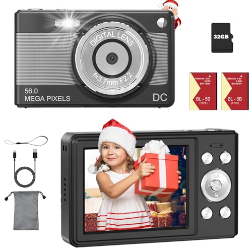Kids Digital Camera 8X Digital Zoom 56Mp Compact Digital Camera With 32G Card & 2 Batteries Digital Camera For Teens Students Beginners (Black)