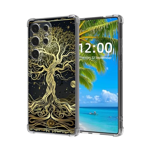 ETLKJVBL for Samsung Galaxy S25 Ultra Case, Ancient Gold Tree High-Definition Painted Back Cover with Soft Transparent TPU Bumper, Shockproof Protective for S25 Ultra Phone Case
