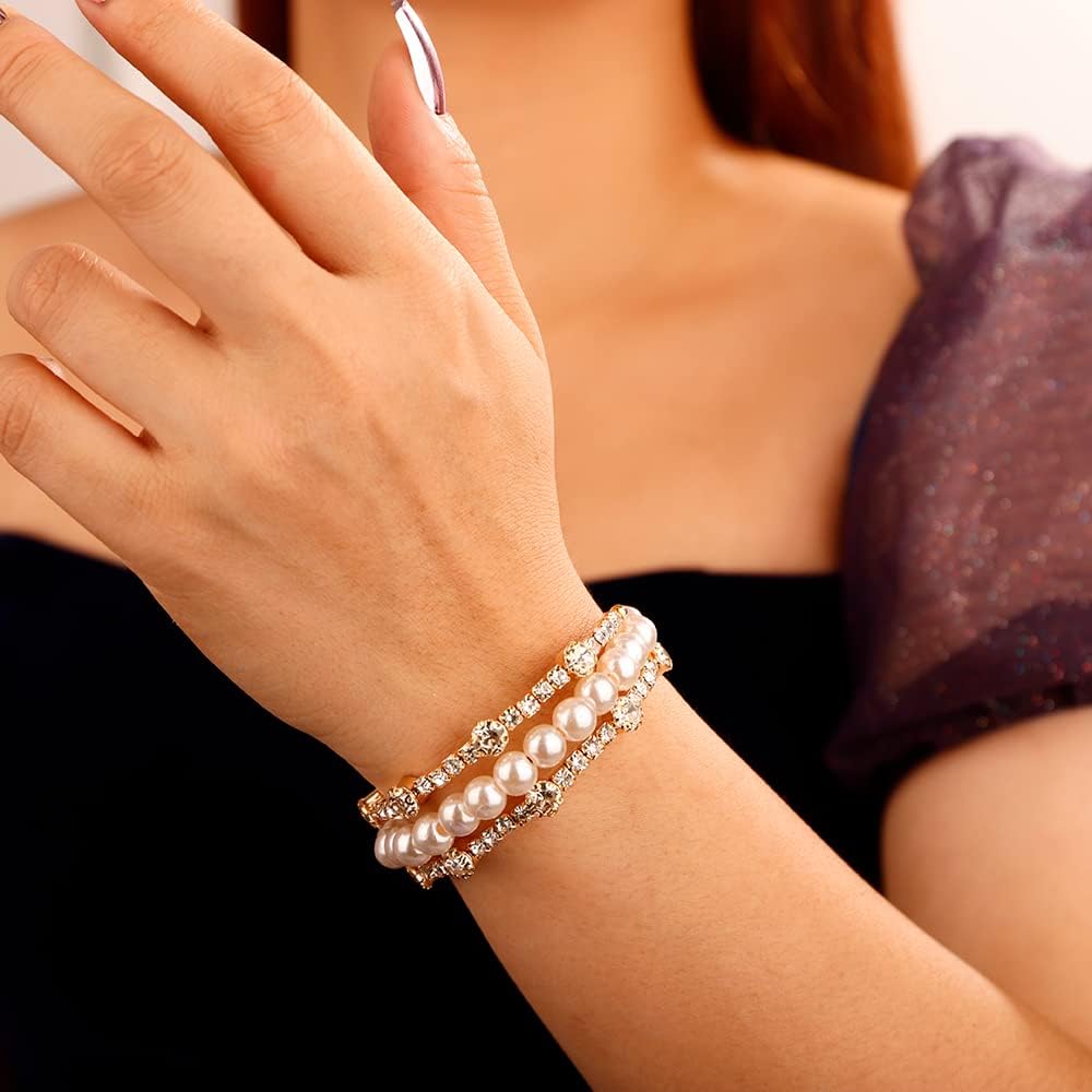 Xerling Dainty Crystal Multi Row Bracelets Faux Pearl Bracelets for Women Rhinestones Hand Chain Jewelry Wrist Bangle Bracelets Elastic Golden Bracelets - Image 4