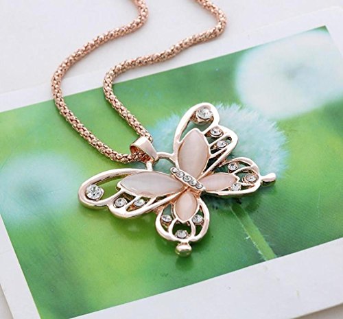 Fheaven Fashion Womens Lady Rose Gold Opal Butterfly Pendant Necklace Sweater Chain Hot