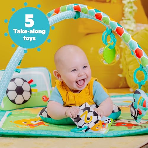 Bright Starts Grip & Kick Oball Activity Gym, Soccer Theme with Easy-Grasp Baby Toys, Baby Play Gym, Kick Pad with Activated Lights & Tummy Time Pillow, Unisex, Newborn+
