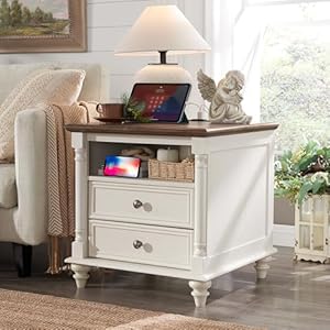 T4TREAM 24 Farmhouse End Table w4 Solid Wood Feet Large 2 Drawers Wide Sofa Side Table with Charging Station Tall Rustic Wood Square Nightstand for Living Room Bedroom Office Antique White