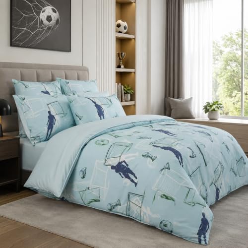 FADFAY Cotton Soccer Duvet Cover Set Twin – Ultra Soft Breathable Sports Bedding, Sky Blue Soccer Print Athletic Boys Teen Bedroom Decor with Zipper Closure, 3 Piece Set