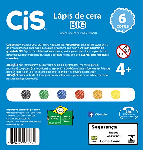 Lapis de Cera Jumbo, CIS, Lapis de Cera 52.2600, Multicor, pacote de 6