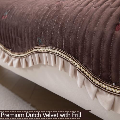 Image of HOKIPO Premium Dutch Velvet Sofa Cover Mat with Frill | Make Your Own Sofa Cover Set, Mat Length 90(D) x 60(L) cm, Rich Chocolate (NEW-AR-5733-CHOC)
