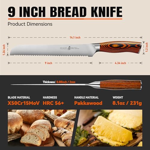 image for TUO Bread Knife, 9 inch Razor Sharp Serrated Slicing Knife, High Carbo