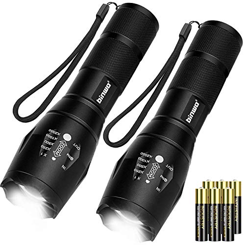 BINWO LED Tactical Flashlight T2000[2 Pack], 2000 High Lumens, 5 Light Modes, Zoomable and Waterproof Flashlight, Best Camping Gear, Tactical Equipment, Emergency flashlights 6Ã—AAA Batteries Included