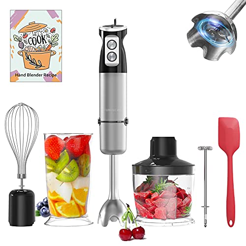FUMONCHY Immersion Blender 6-In-1, Multifunctional 800 Watt 304 Stainless Steel Stick Blender for Baby Food Sauces Soup with Food Grinder, Container, Milk Frother, Egg Whisk, Silicone Spatula