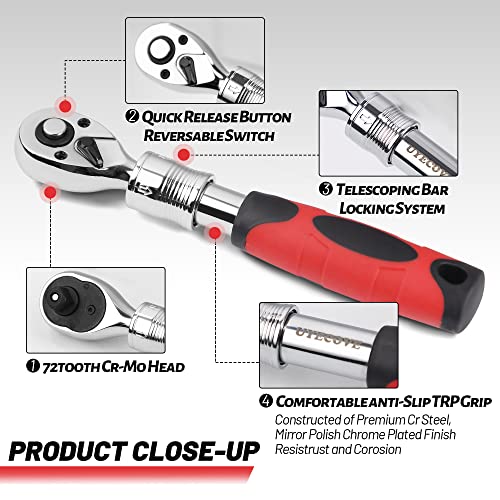 Image of 3-Piece Extendable Ratchet Set 1 /4 3 /8 1 /2 Inch | Extendable Socket Wrench, Ratchet Wrenches Set 72-Tooth Quick-Release, Soft Grip Handle with Storage Tray