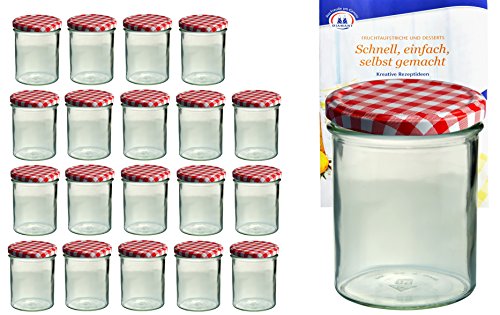 MamboCat 20x Einmach-Gläser mit Deckel 350 ml I robuste Einweckgläser m. rot-weiß kariertem Deckel I Marmeladen-Glas-Set to 82 - inkl. Diamant Gelierzauber Rezeptheft I Twist-Off Gläser 20 Stück