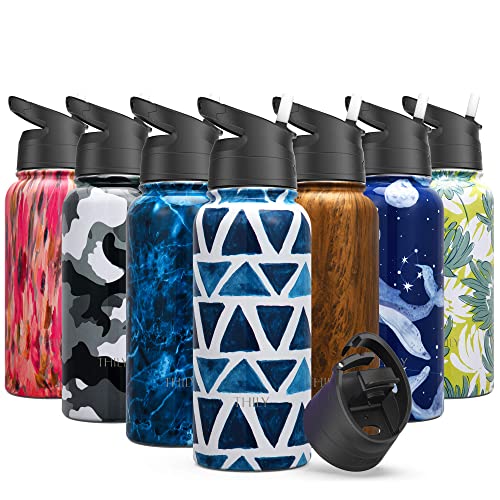Stainless Steel Insulated Water Bottle, THILY Triple Insulated 945 ml Leakproof Wide Mouth Thermo Mug with 2 Lids and Straws