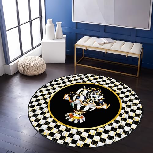 Custom Round Checkered Fruit Bowl Rug – Handmade Black and