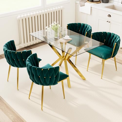 Image of Golden Glass Dining Table Set for 4 with 47.2 inch Rectangular Tempered Glass, 5 Pieces Kitchen Table Set with 4 Comfortable Velvet Chairs for Living Room, Apartments Small Place, Cafe (Green Chairs)