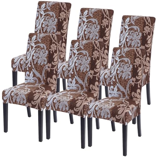 Image of SearchI Dining Room Chair Covers Set of 6, Stretch Printed Parsons Chair Slipcovers Removable Washable Kitchen Chair Protector Cover for Dining Room, Hotel, Ceremony (Brown+Flower)