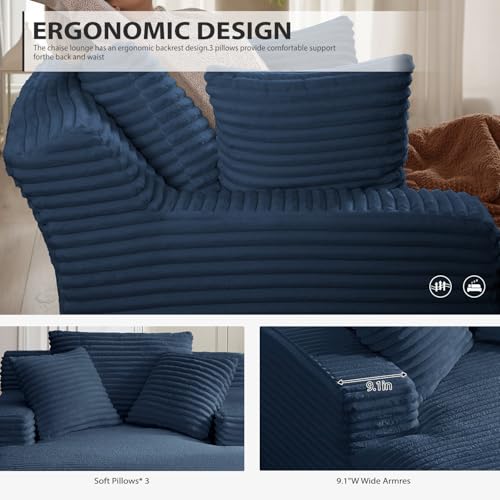 Image of 67 Inch Chaise Lounge Chair Indoor, Oversized Corduroy Upholstered Boneless Sofa Bed, Deep Seat Sleeper Couch Reading Chairs, Cloud Sofas Couches for Living Room, No Assembly Required (Blue)