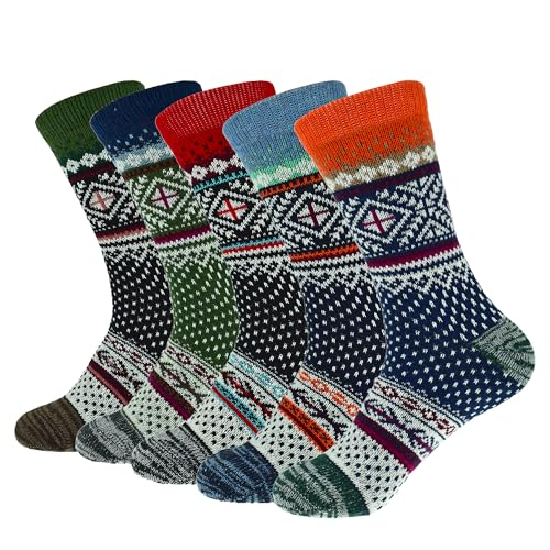 Image of 5 Pairs Vintage Winter Women Socks Warm Thick Knitted Soft Wool Socks Christmas Gifts Cozy Crew Socks