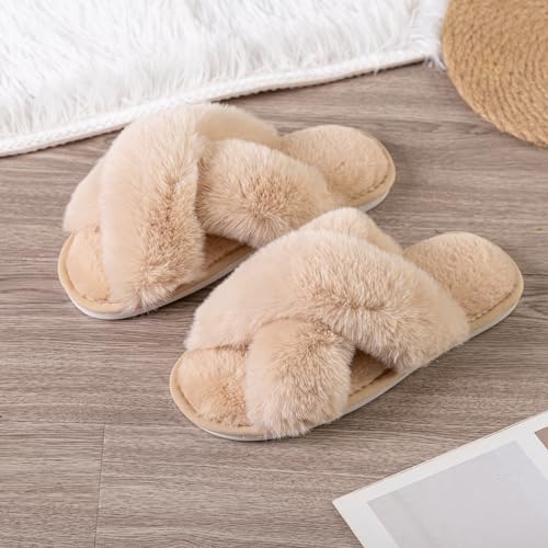 Image of Enteer Women's Slipper Memory Foam Cross Band Fuzzy Slippers Open Toe Cozy House Slippers Cozy Plush Bedroom Indoor Outdoor