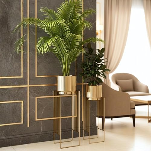 Image of BEHOMA Gold Metal Floor Planters with Stands Set of 2 | Modern Tall Planter for Home Decor, Decorative Plantpot for Living Room, Big Plant Stand with Pots