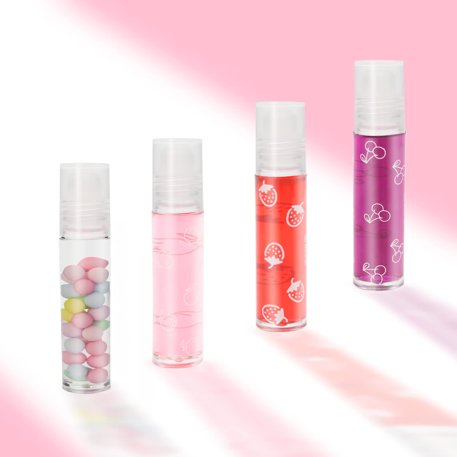 4 Pcs Fruity Scent Lip Oil, Clear Lip Gloss, Roll on Lipgloss Lip Care Products, Long Lasting Liquid Lipstick 24 Hour Waterproof, Glossy Kawaii Rollerball Lip Gloss for Kids Girls Women
