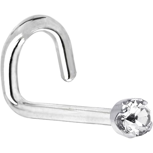 Solid 14k White Gold 2mm (0.030 cttw) Genuine Diamond Left Nose Stud Screw 18 Gauge 1/4"