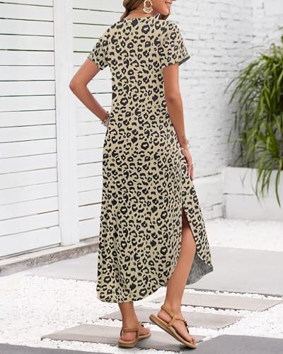 AUSELILY Damen Sommer Maxikleid Kurzarm V-Ausschnitt Lockeres Strandkleid mit Seitenschlitz für Urlaub Leopard L