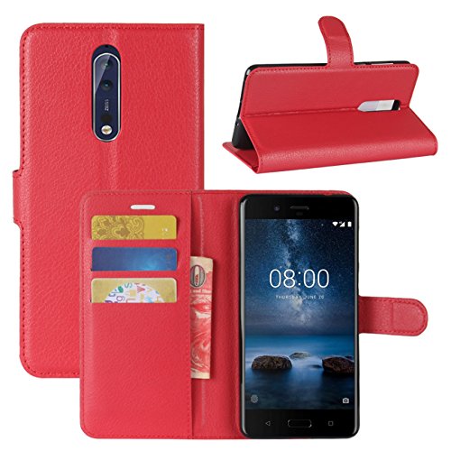 HualuBro Custodia Nokia 8, [Intorno Protezione] Custodia in Pelle PU Leather Portafoglio Wallet Protettiva Case Flip Cover per Nokia 8 Smartphone (Rosso)
