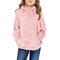 Haloumoning Girls Fuzzy Fleece Pullover Hoodies Sweatshirt Casual Loose Outwear Coat with Pockets 4-15 Years C-pink