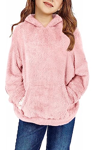 haloumoning girls fuzzy fleece pullover hoodies sweatshirt casual loose outwear coat with pockets 4-15 years