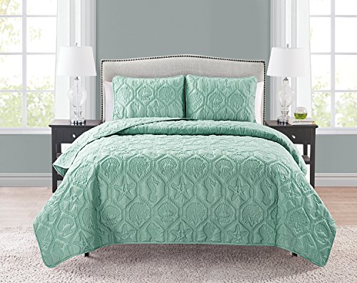 Vcny Home - Queen Pinsonic Quilt Set, 3-Piece Bedding With Matching Shams, Coastal Room Decor (Shore Green, Queen) #TOP1