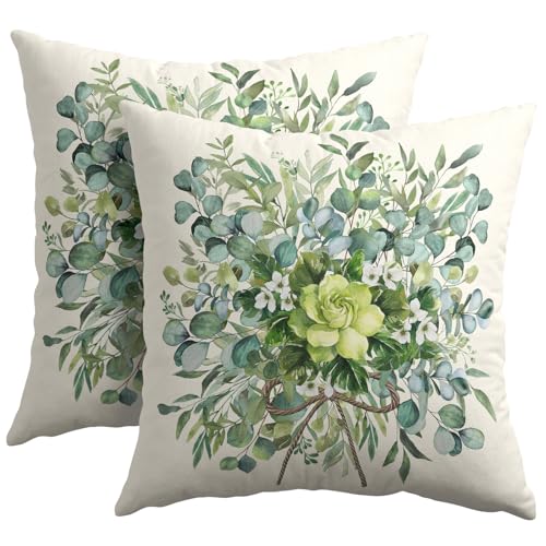 Trongr Spring Pillow Covers 18x18 Set of 2 Green Floral Throw Pillow Covers Rustic Pillowcase Linen Decoration Farmhouse Soft Decorative Summer Cushion Case Couch for Indoor Outdoor Home Decor