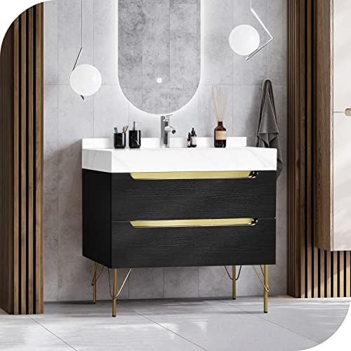 HERNEST Bathroom Vanity with Sink 36 Inch Freestanding Bathroom Cabinet Storage Vanity with Rock Panel Tabletop, Glossy Ceramic Basin Sink and 4 Drawers for Washroom