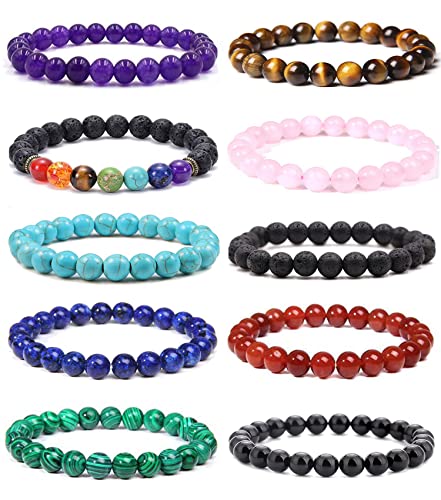 10Pièces Bracelet Pierre Naturelle Lithotherapie Bracelet Perle pour Hommes Femme 7 Chakra Bead Elastique Bracelet Oeil de Tigre Perles Bracelet Pierre de Lave Bracelet Couples Stretch Bracelets Cover