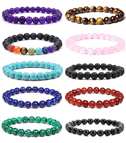 10Pezzi Naturali Bracciale Perline Elasticizzato Braccialetto Lavica Elastico Perline per Braccialetti Occhio di Tigre Set Bracciali 7 Chakra Lava Beads Bracciale Uomo Donna Pietre Naturali Bracciali