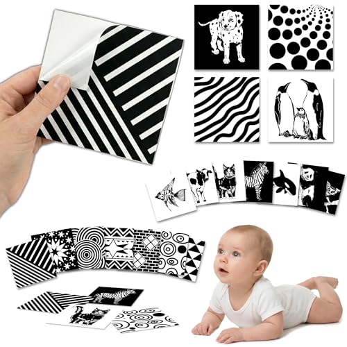 Image of Restickable High Contrast Black & White Baby Stickers for Newborns, 18 Removable Vinyl Flashcards for Tummy Time and Nursery, Animals and Shapes