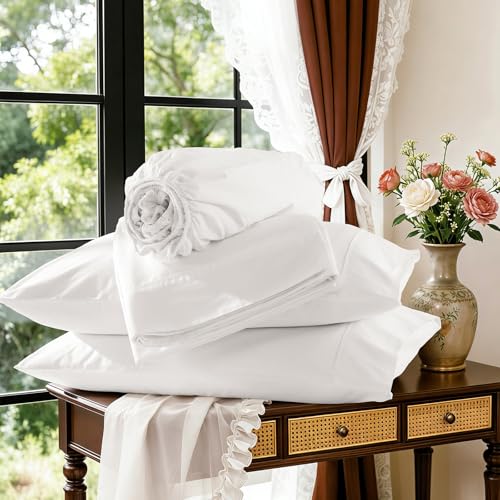 Image of 100% Egyptian Cotton Sheet Set 4 Pcs , 1200 TC, 16 inch Deep Pocket Sheet King | Long Staple Cotton Sheet, Soft and Breathable, 1 Fitted Sheet, 1 Flat Sheet, 2 Pillowcase Cozy for All Season, White