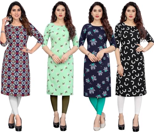 Image of JAKHANA Women's Crepe Printed Casual Straight Calf Length Round Nick Kurta Pack of 4