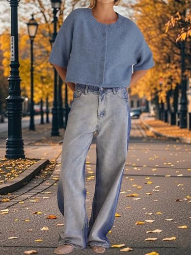 Womens Summer Short Sleeve Sweater Tops Button Down Oversized Cropped Sweaters Casual Knit Pullover Top4