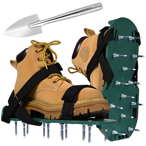 MEGETGOD Lawn Aerator Shoes with Stainless Steel Shovel Aerating Shoes with Hook & Loop Straps Heavy Duty Spiked Aerating Sandals Universal Size Lawn Scarifier for Lawns Yard Patio Garden Grass