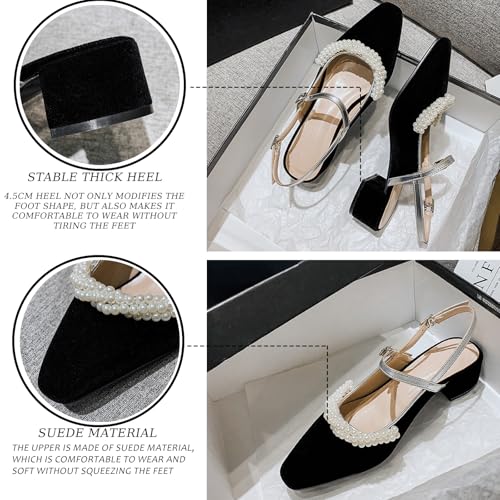 Women's Suede Chunky Heel Pumps Pearl Decoration Closed Pointed Ankle Strap Open Back High Heels Fashion Party Pumps3