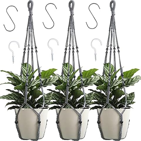 Macrame Plant Hanger Indoor Hanging with Wood Beads Macrame Planters No Tassel for Indoor Outdoor Boho Home Decor 35 Inch (Gray,3pcs) Cover