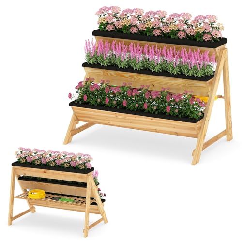 Giantex 3-Tier Vertical Raised Garden Bed Wood Elevated Planter Box with Legs Storage Shelf Liners for Growing Vegetables Herbs Flowers Indoor Outdoor Freestanding Raised Bed for Patio (Natural)