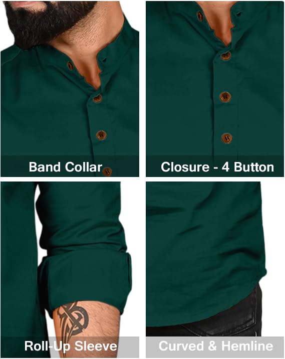Image of ROYALSCOUT Men Cotton Blend Short Kurta with Mandarin Collar and Button Placket | Full Sleeve Regular Fit Ethnic Wear for Casual and Festive Use
