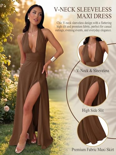 Image of Ekaliy Womens Sexy Halter Deep V Neck Maxi Dress Sleeveless Backless Split Long Dress