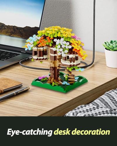 Image of SKY LINE OCEAN Colorful Cherry Blossom Tree Building Set with LED Lights (Complex only for 14+) | Sakura Bonsai Tree House Mini Blocks Kit with Flowers, Decorative Construction Model for Home Display
