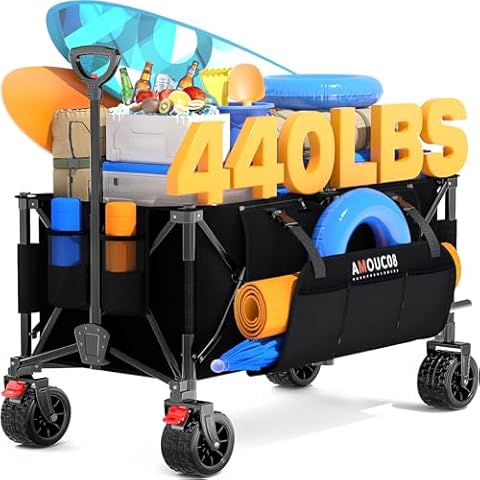Collapsible Wagon Cart Foldable with Large 440LBS Capacity, 300L Folding Utility Wagon with All-Terrain Wheels & Brakes, Portable Outdoor Cart for Grocery Shopping, Beach, Camping, Sports and Garden