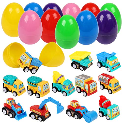 OWUDE 1615/5000 12 Packungen 3,2 Zoll Ostereier Mit Spielzeugautos Zurückziehen Baufahrzeug Spielzeug Kunststoff Überraschungsei Für Osterei Jagd Ostergeschenk