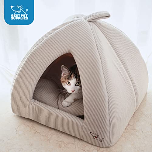 Image of Best Pet Supplies Cat Bed for Indoor Cat, Domed Tent House with Removable Pillow, Covered Cat Cave for Small Dog, Puppies and All Breeds of Cats - Corduroy Beige, 16 x 16 x H:14 inch