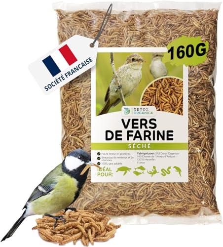 Detox Organica-vers de Farine séchés, 160gr, Friandises pour Oiseaux, Poissons, Tortues, Hérissons, Rongeurs et Reptiles